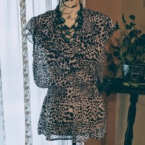 Xhilaration Animal Print Sheer Ruffled Top
